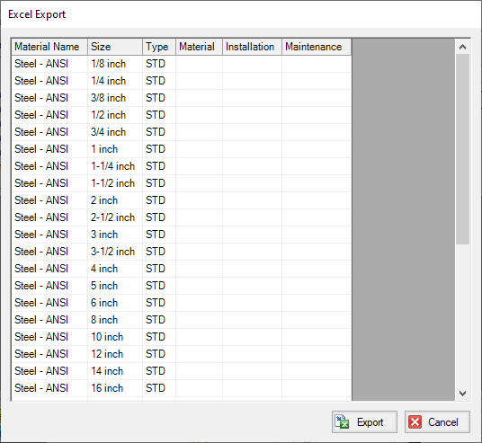 The Excel Export window showing pipe items that will be included in the Excel sheet.